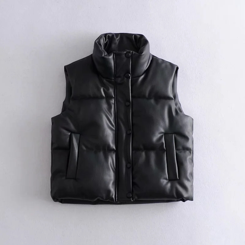 Womens Puffy Vest Down Vest Black Pu Leather Vest Woman Jacket Coat Autumn Winter Outwear Puffer Vest Female Sleeveless Jacket alx