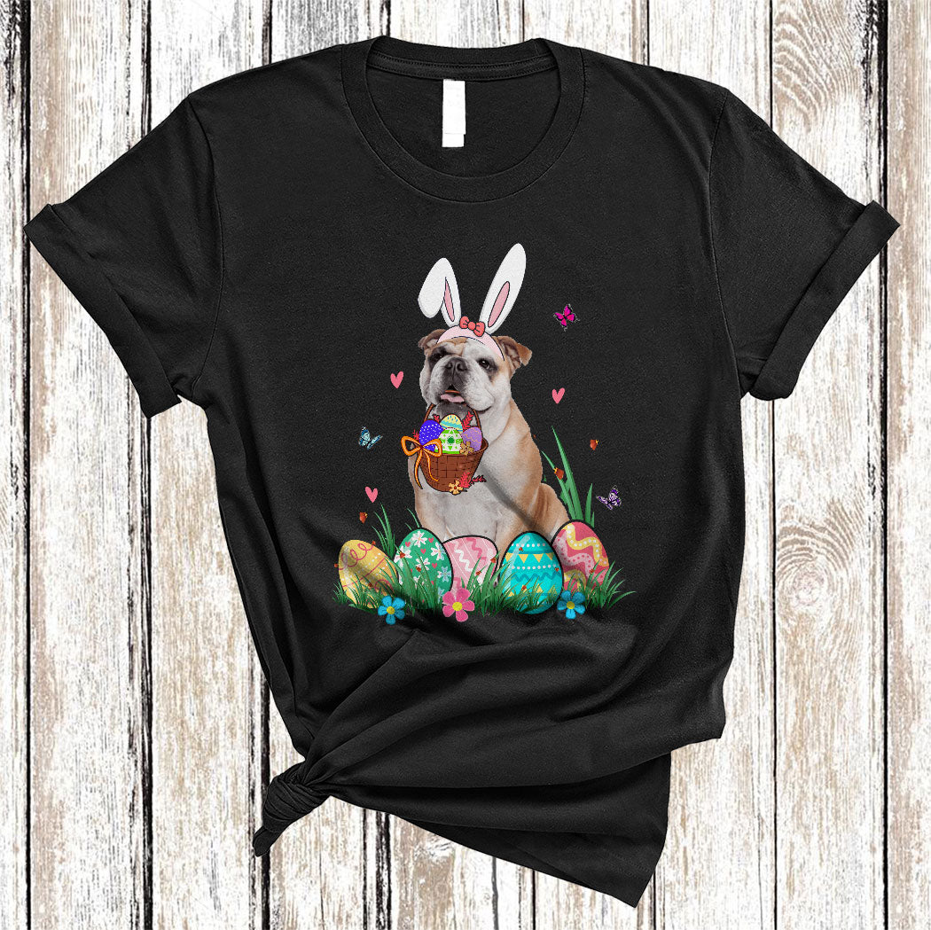 Bunny Bulldog With Easter Egg Basket Funny Easter Day Flower Egg Hunt Dog Lover Gifts T-Shirt