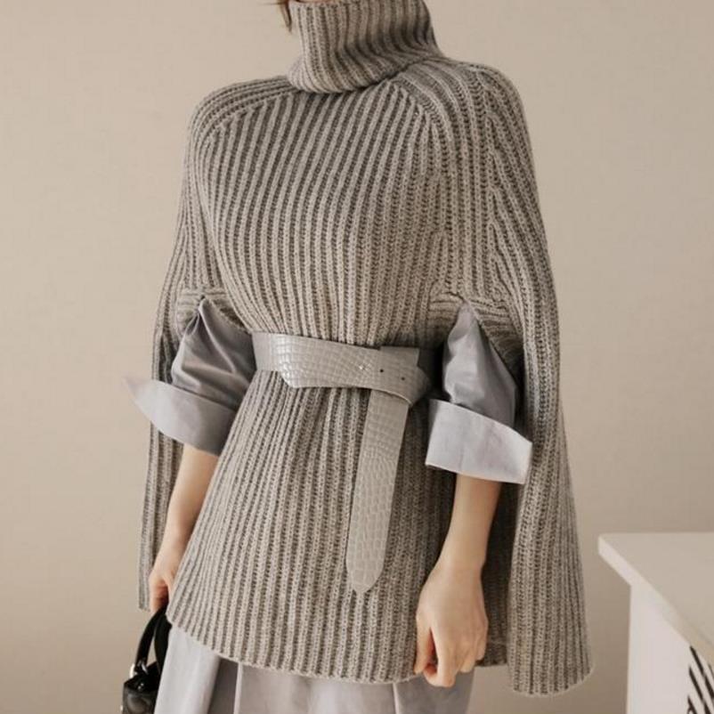 Autumn Winter Turtleneck Sweater Split Collar High Collar Cape Casual Jumper Cloak Poncho Women Elegant Knitted Pullovers Black alx