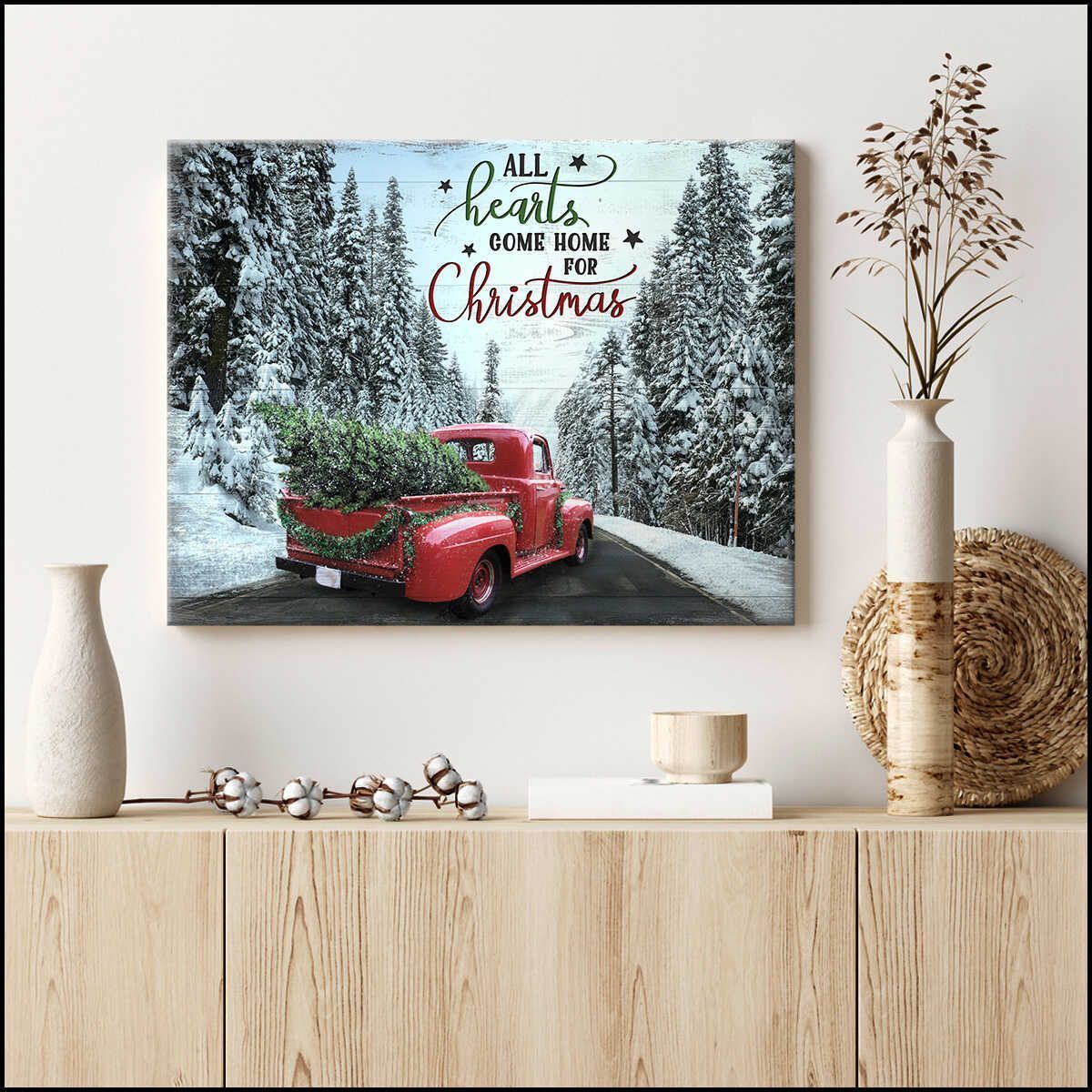 Canvas Wall Decor Christmas Gifts Red Truck All Hearts Come Home For Christmas Gift For Family, Wall Art Decor, Canvas Print, Home Decor