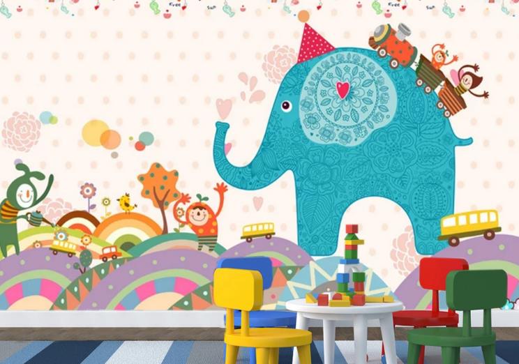 3D Hand Drawn Animal Train Elephant Wall Mural Wallpaper Lqh 186