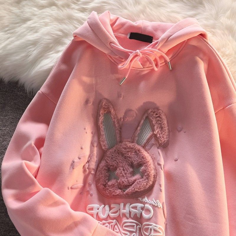 Japanese style rabbit embroidery oversized hoodie women fall/winter Y2K street Harajuku long-sleeved women’s pullover sweater alx