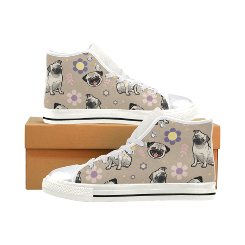 Pug Flower White High Top Canvas Shoes for Kid (Model 017)