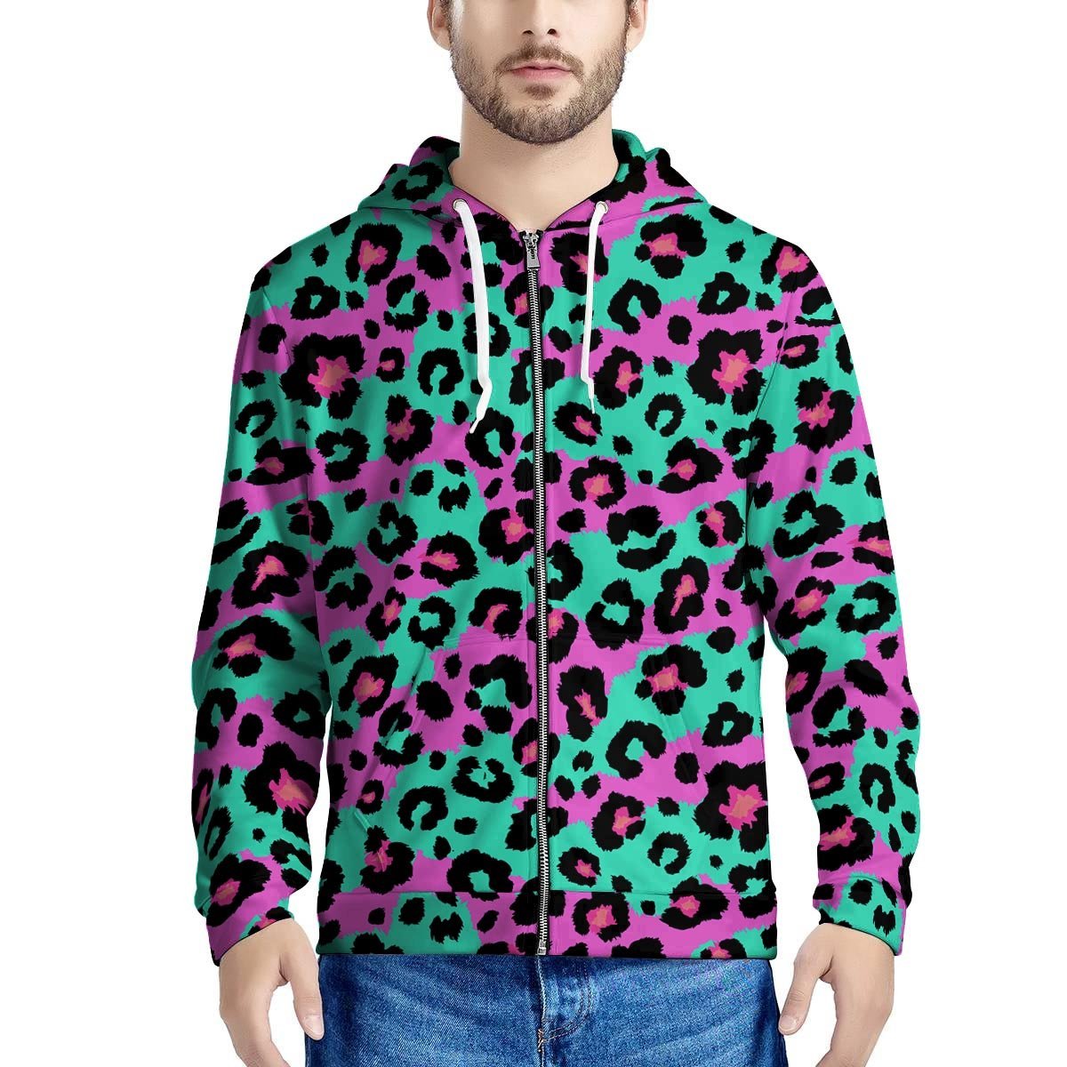 Teal Pink Leopard Men’S Zip Up Hoodie