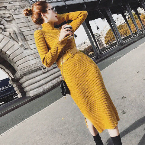 Yellow Brown Sweater Dress for Women Winter Maxi Sexy Aesthetic Fashion Casual Bodycon Knitted Woman Vintage Long Dresses Korean alx