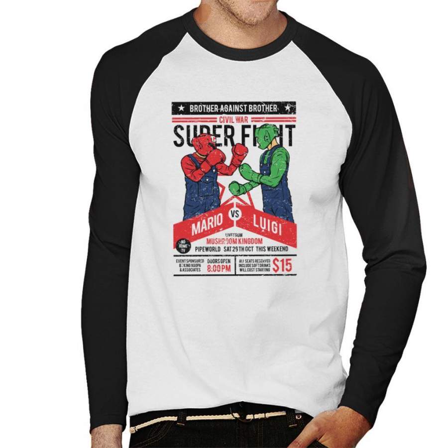 Super Mario Vs Luigi Fight Poster Men’s Baseball Long Sleeved T-Shirt