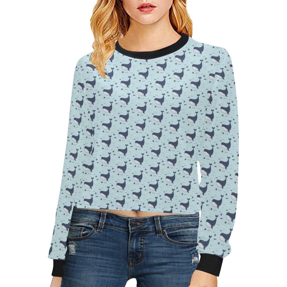 Whale Cute Design Themed Print Cropped Pullover Sweatshirt