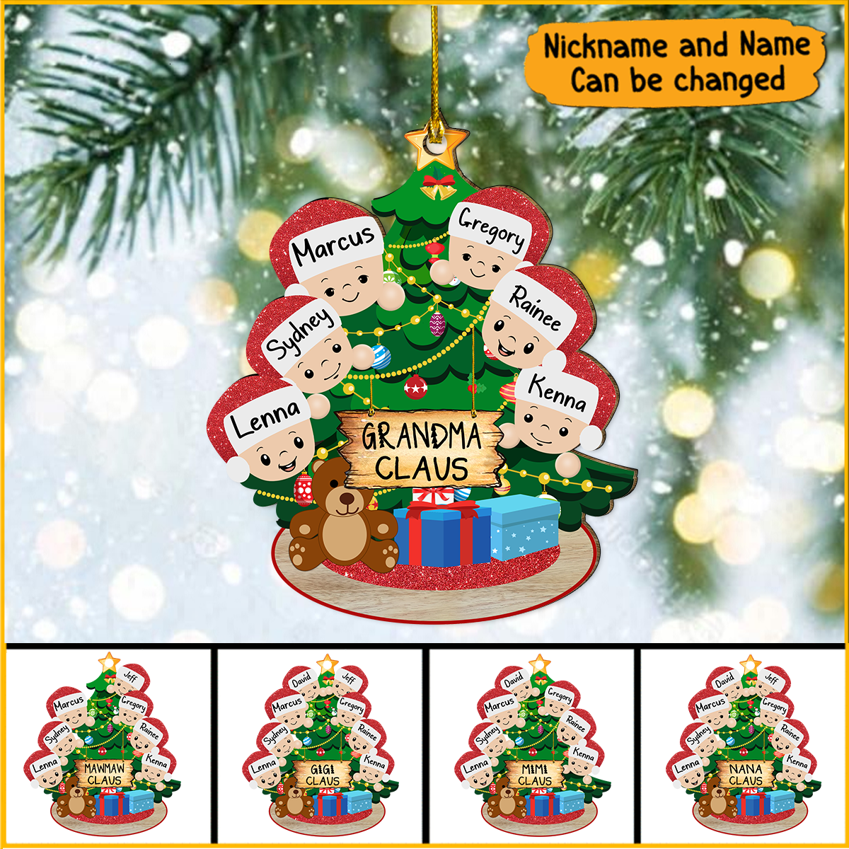 Personalied Grandma Claus With Grandkids Pine Tree Christmas Ornament