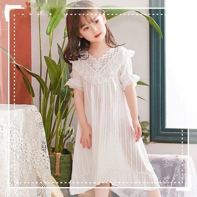 Summer Baby Nightdress Breathable Jacquard Cotton Comfortable Short Sleeve Sleepshirts Lace Nightgown Sweet Solid Color Girls Ni alx