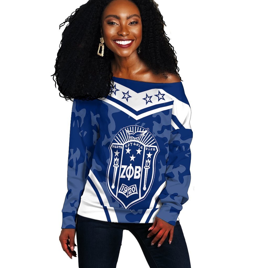 Sorority Sweatshirt – Zeta Phi Beta Camouflage Off Shoulder