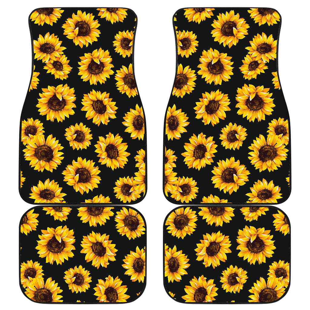 Black Sunflower Pattern Print Front And Back Car Floor Mats, Front Car Mat