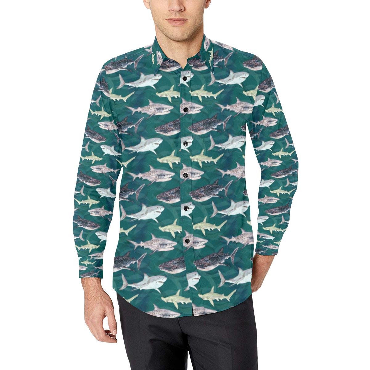 Shark Style Print Long Sleeve Dress Shirt