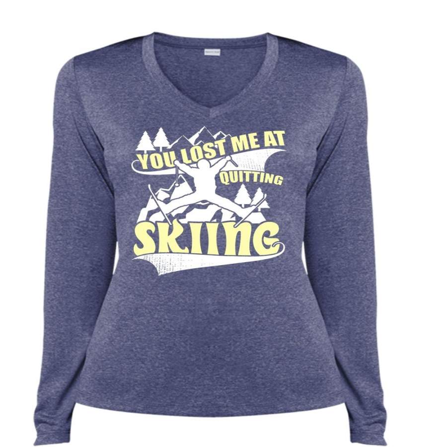 You Lost Me At Quitting Skiing T Shirt, I Love Skiing T Shirt, Cool Shirt (Ladies LS Heather V-Neck)