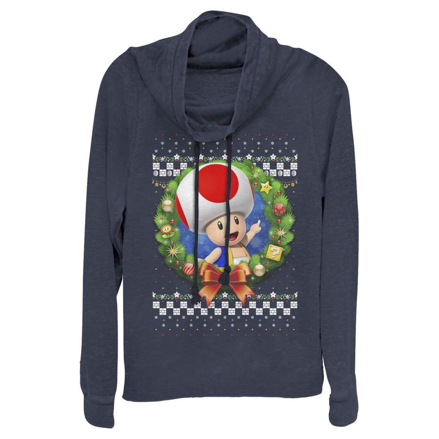 Nintendo Junior’s Christmas Toad Wreath  Cowl Neck Sweatshirt