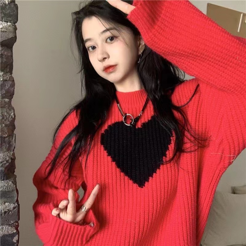 2022 New Retro Harajuku Style Sweet Heart Pattern Sweater Pullover Loose All-match Comfortable Knitted Casual Sweater Ins Style alx