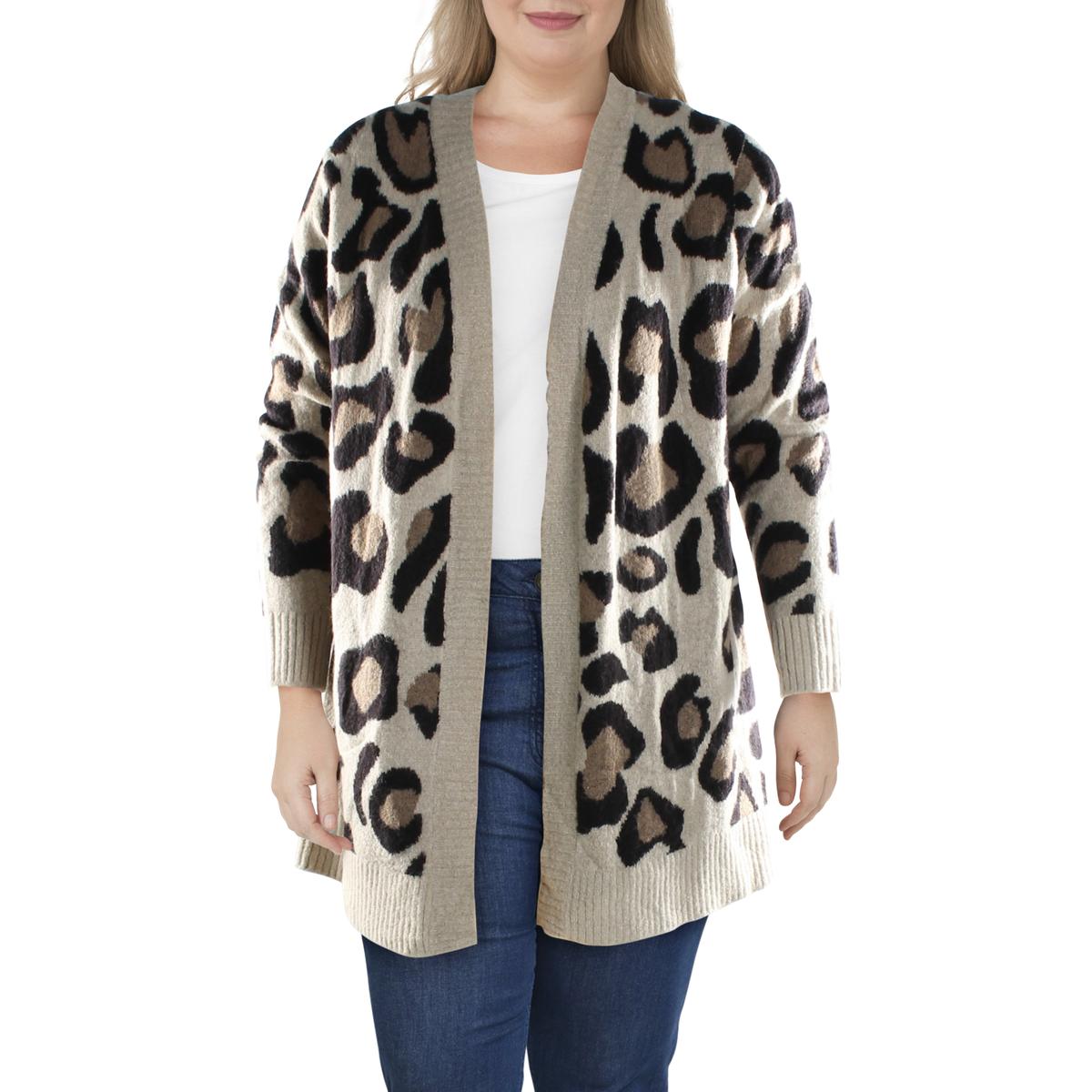 Plus Womens Animal Print Open Front Cardigan Sweater