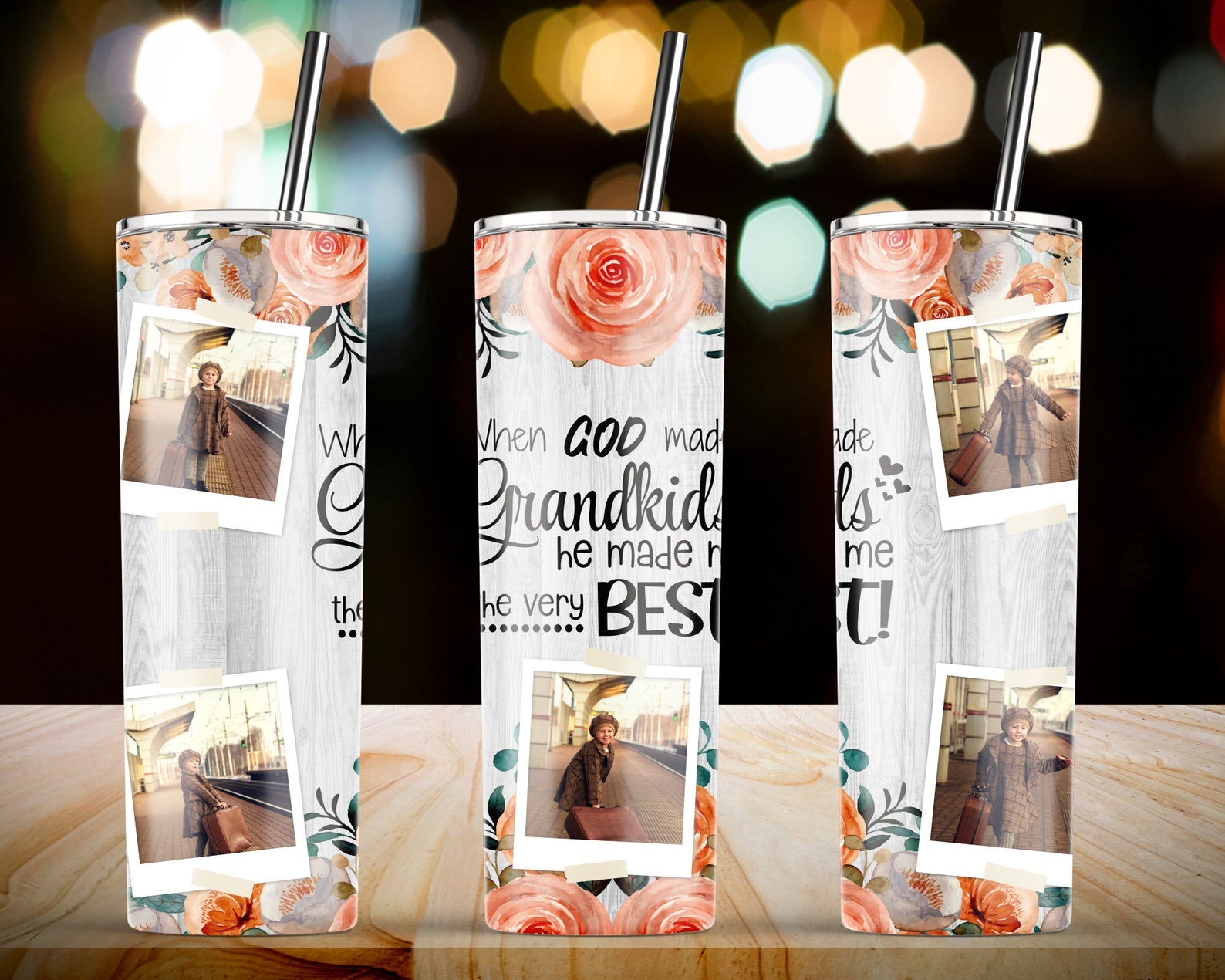 When God Made Grand Kids Floral Woodgrain Personalized Photo 20Oz Skinny Tumbler, Family Photo Tumbler, 5 Pictures Frame Skinny Tumbler