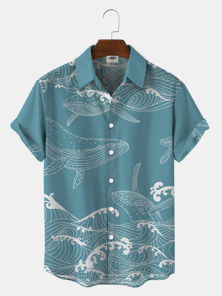 Men’S Waves And Whales Print Shirts