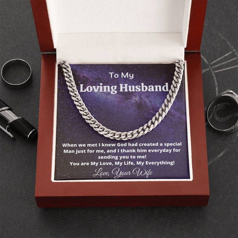 Valentines Day Gifts For Him, Cuban Link Chain Necklace For Husband God Send Me You, Stainless Gold Finish Box With Message Card