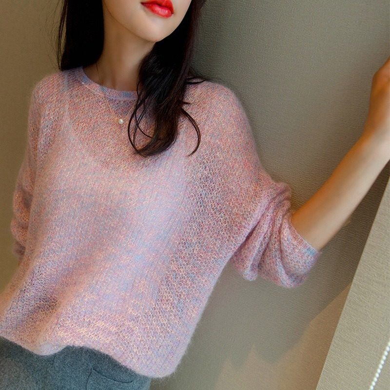 Women’s Pink Mohair Sweater Sexy Pullover O-neck Hollow Korean Long Sleeve Sweater Fall Fashion Casual Lazy Simple Cute Jumpers alx