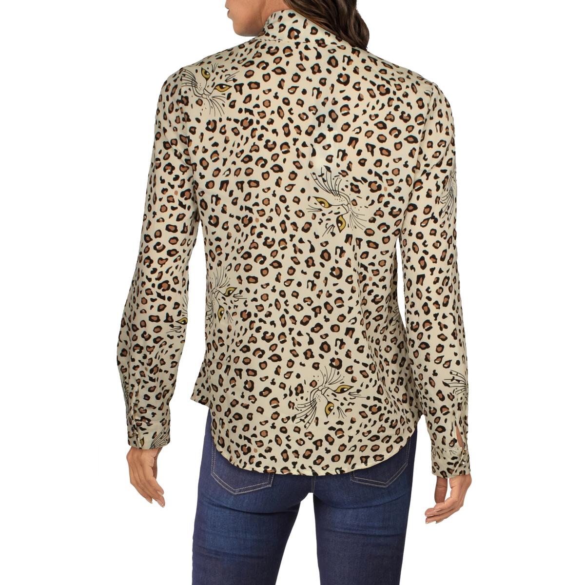 Womens Animal Print Long Sleeve Button-Down Top