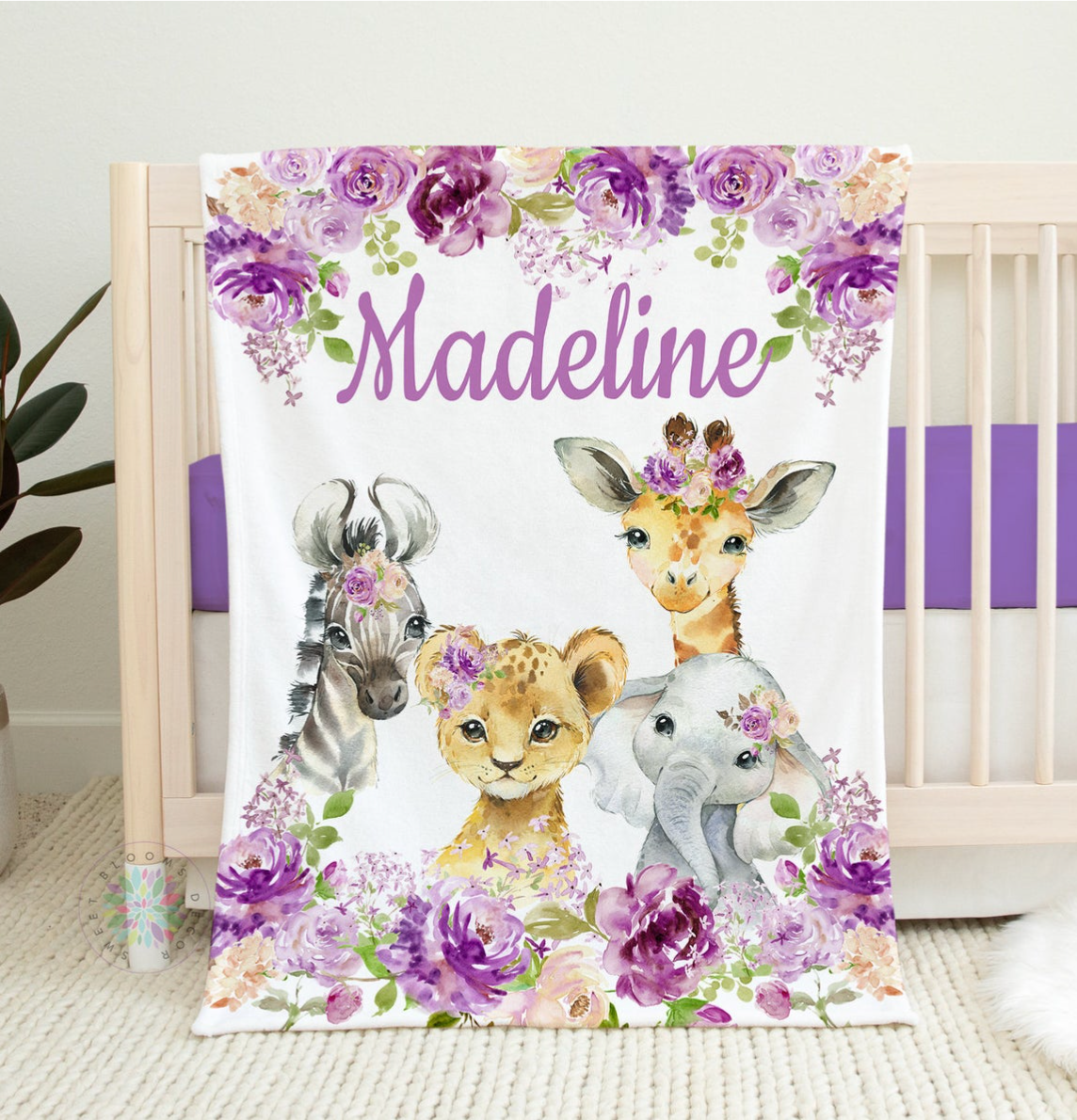 Safari Animals Baby Blanket, Personalized Baby Blanket Gift, Purple Lavender Lilac Flowers Personalized Blanket, Baby Shower Gift