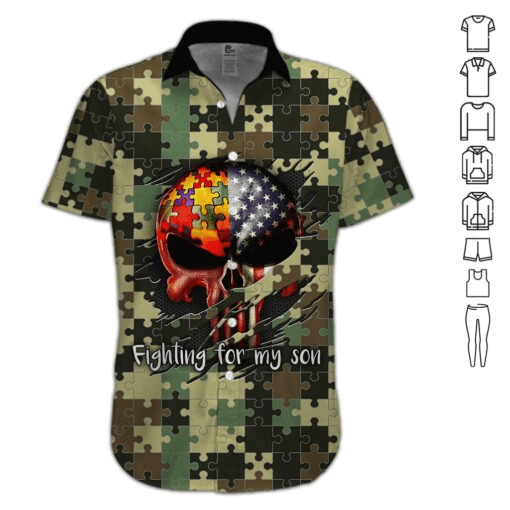 Autism Hawaii Shirt Skull Us Flag Autism Fighting For My Son Hawaiian Shirt