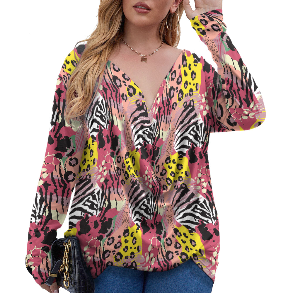 Exotic Leopard Skin V-Neck Long Sleeve Plus Size T-Shirt