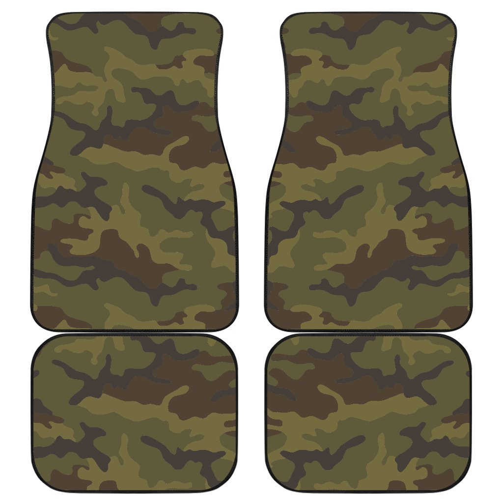 Brown Green Camouflage Print Front And Back Car Floor Mats, Front Car Mat