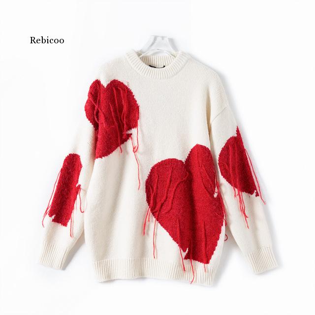 Spring Love Heart Solid Color Oversize Women Sweater Sexy Off Shoulder Long Sleeve Pullover Valentine’s Day Knitwear alx