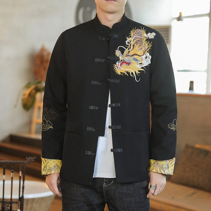 Chinese Dragon Shirt Embroidered Tang Suit Contrast Color Kung Fu Tai Chi Uniform Retro Men’s Top Coat Jacket Cardigan alx