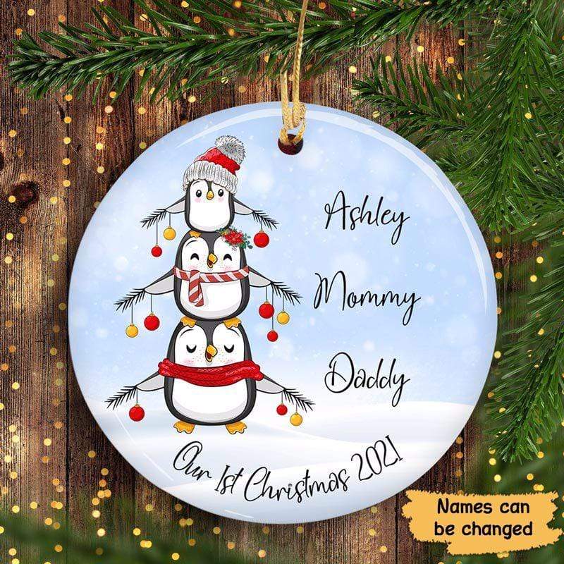 Penguin Tree First Christmas Family Personalized Circle Ornament