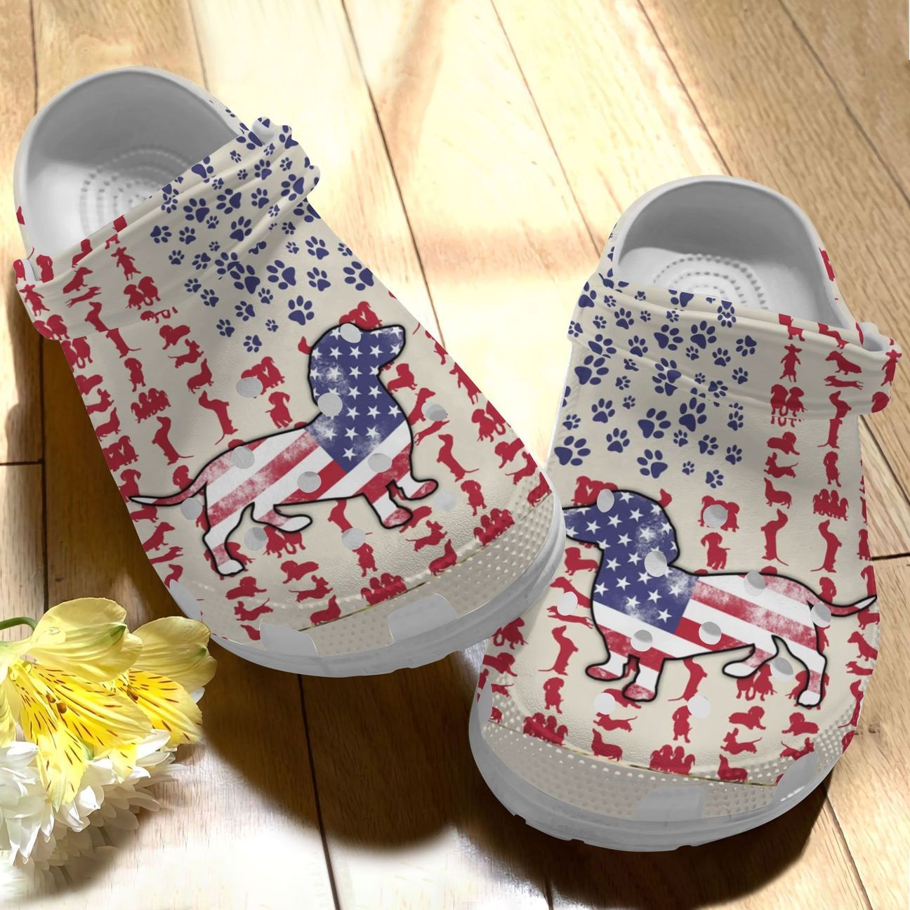 Dachshund Personalize Clog, Custom Name, Text, Fashion Style For Women, Men, Kid, Print 3D Whitesole American Flag Dachshund