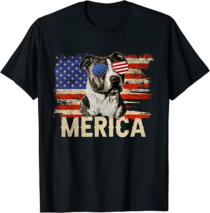 Vintage Merica Pitbull 4th of July USA American Flag Merica T-Shirt