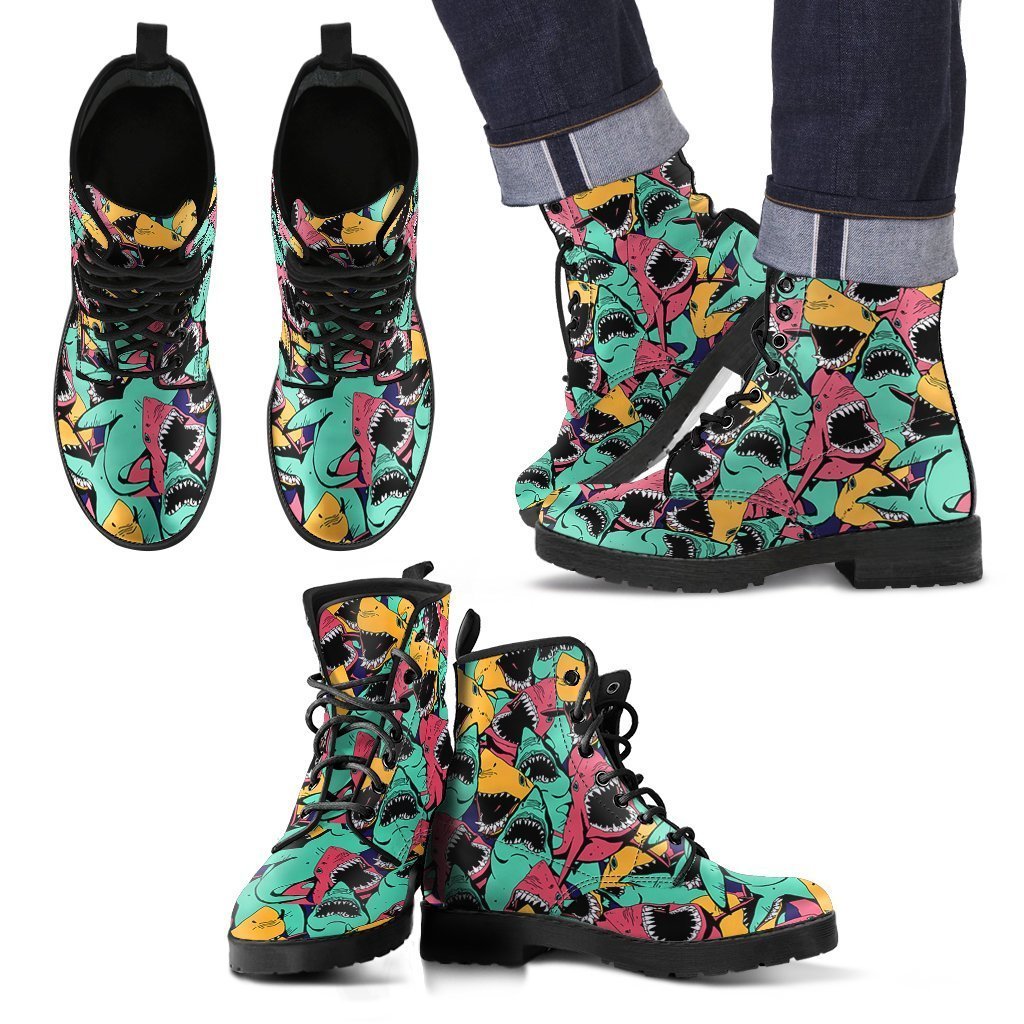 Shark Print Pattern Men Women Leather Boots Fashion Boots Custom Shoes