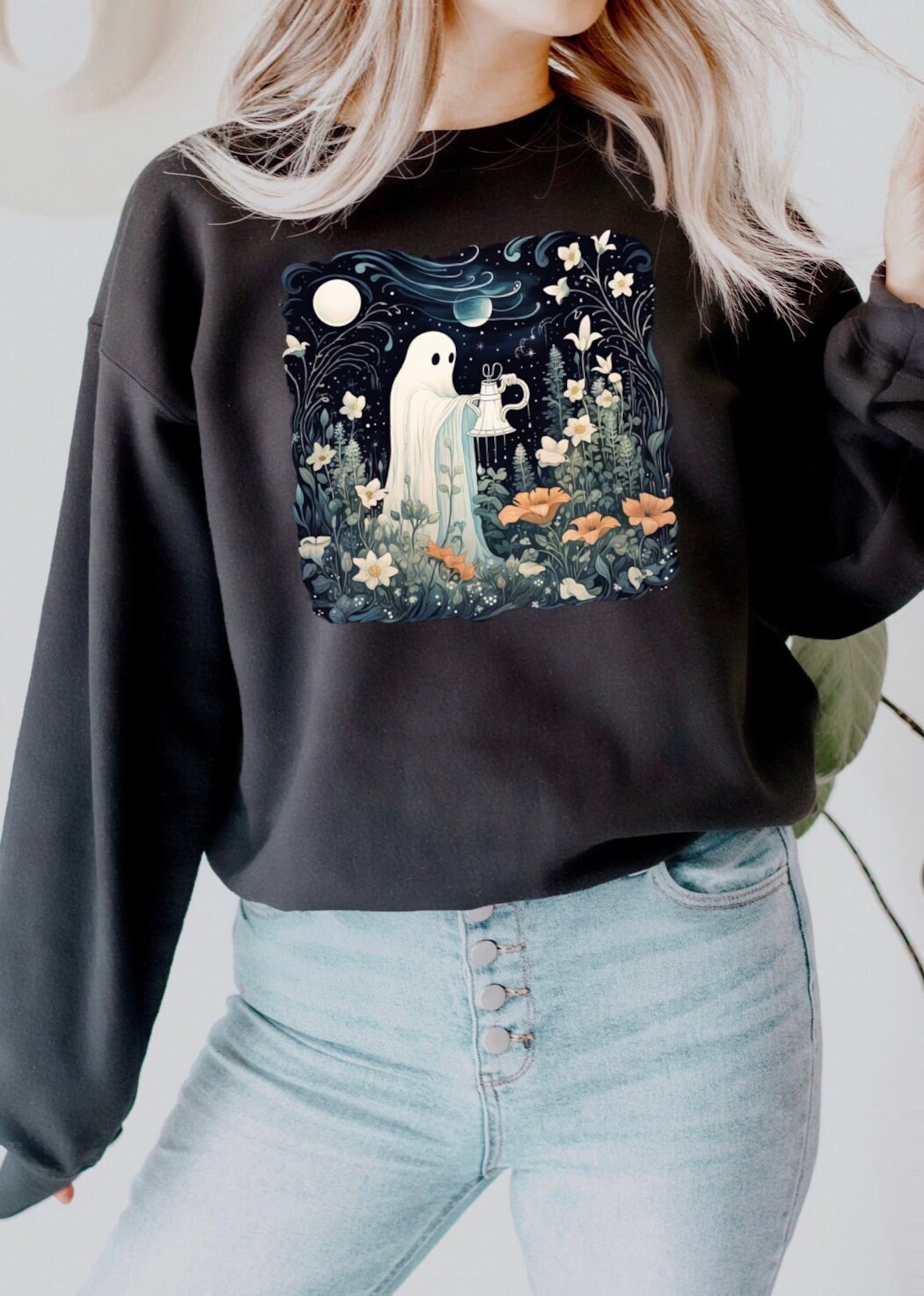 Unique Floral Ghost Halloween 2D Crewneck Sweatshirt All Over Print Sweatshirt For Women Sweatshirt For Men