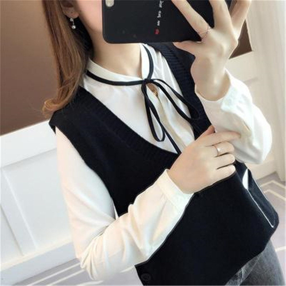 Sweater Vest Women Solid Pocket Side-split Button Knitted V-neck Sleeveless Female All-match Korean-style Loose tops alx