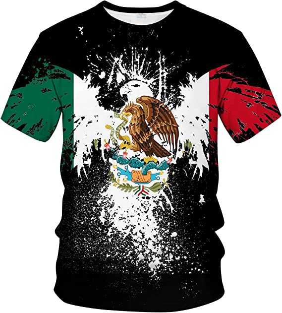 Casual 3D Mexico Flag Digital Print T-Shirt Round Neck Mens T-Shirts, Mexico Shirt