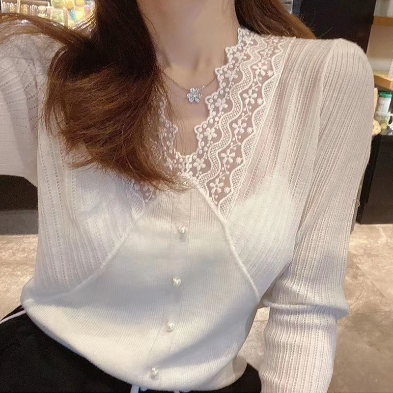 Woman Sweaters Stitching Lace V-neck Long Sleeve Top alx