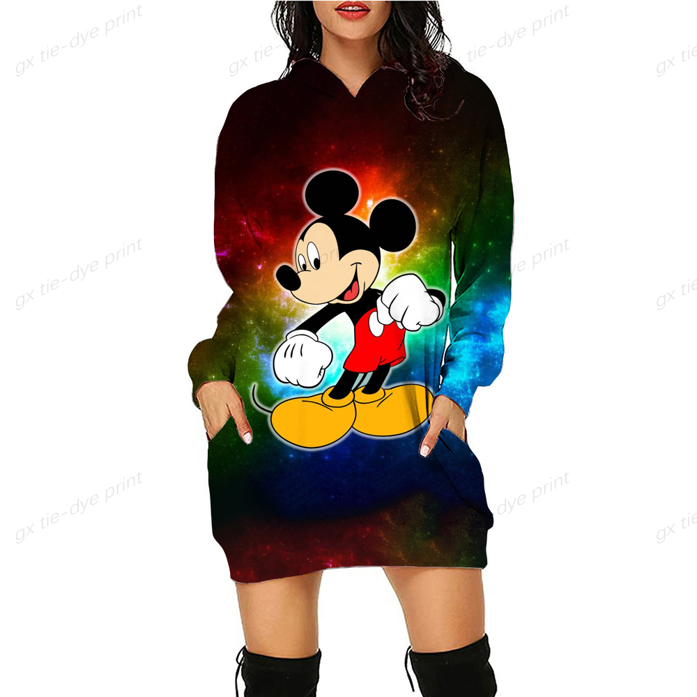 Autumn Women Disney Minnie Mickey Mouse 3D Print Loose Long Hoodie Dresses Casual Hooded Sweatshirts Pullover Sweatshirt Dress alx