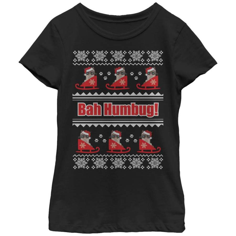 Grumpy Cat Girl’s Ugly Christmas Bah Humbug  T Shirt Black