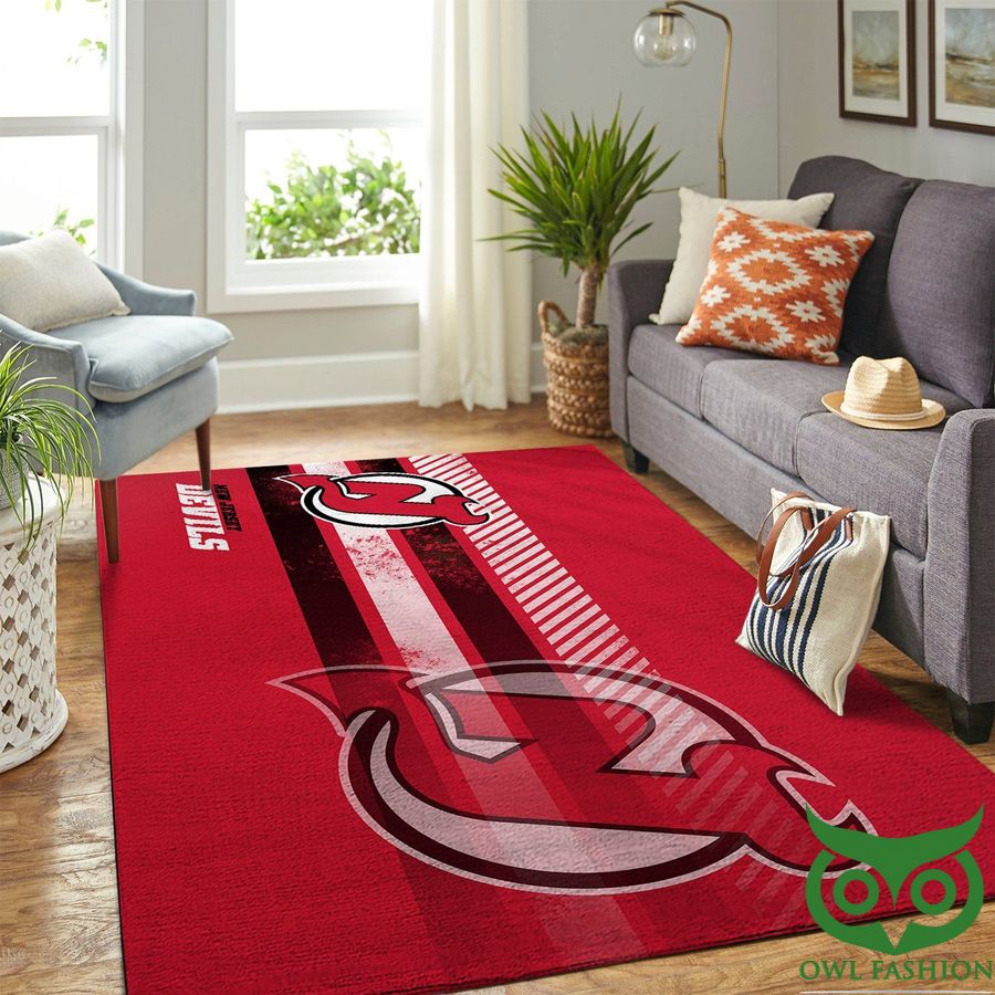 New Jersey Devils Team Logo Red With Black White Stripes Carpet Rug