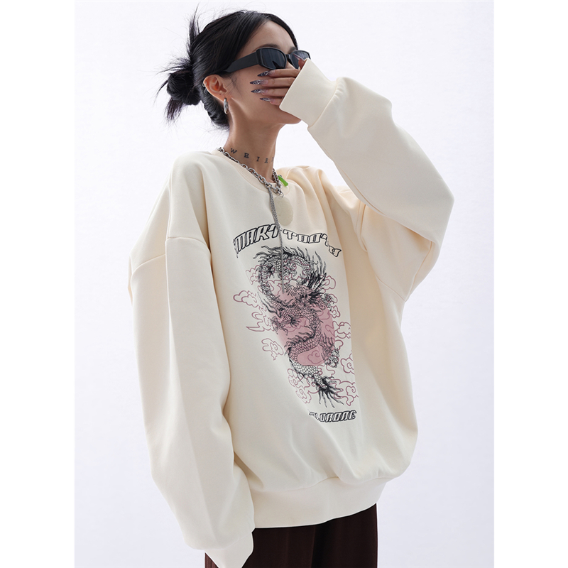 Apricot Crew Neck Printing Sweatshirt Women Autumn Winter New Harajuku Baggy Girl Korean Fashion Long Sleeves Pullover Tops alx