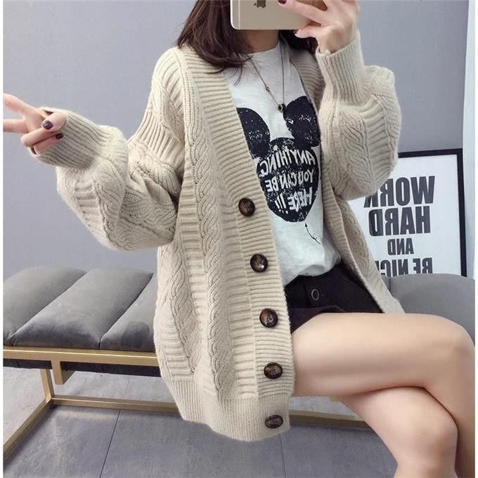 Cardigan Women Winter Sweater Solid Single Breasted Rhombus Knitted Jumpers Korean Style Preppy Trendy Casual Loose Autumn Daily alx