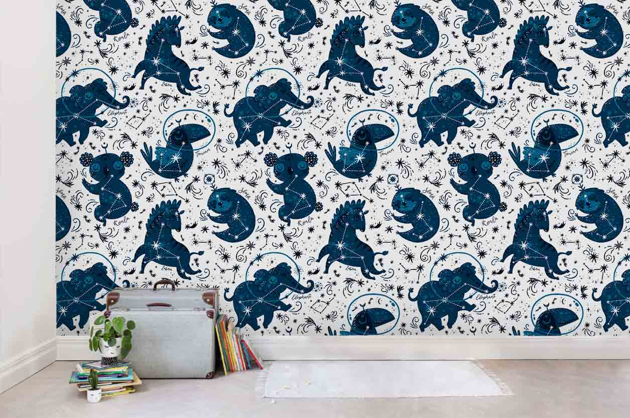 3D Animal Star Unicorn Elephant Raccoon Birds Wall Mural Wallpaper Sf65