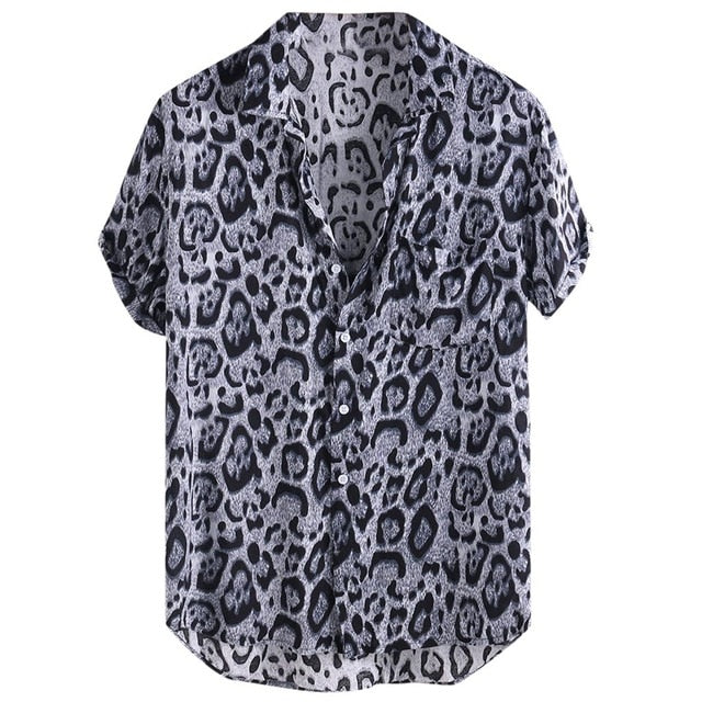 Blouse Shirt Men Summer Leopard Short Sleeve with Pocket Print Hawaiian Casual Shirt