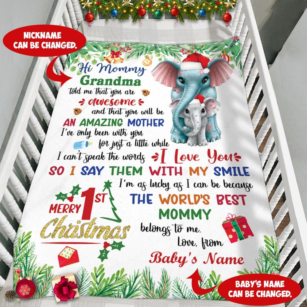 Personalized Mommy Elephant Christmas Blanket, Hi Mommy Grandma Told Me That You Are Awesome Christmas Blanket, New Mom Christmas Blanket