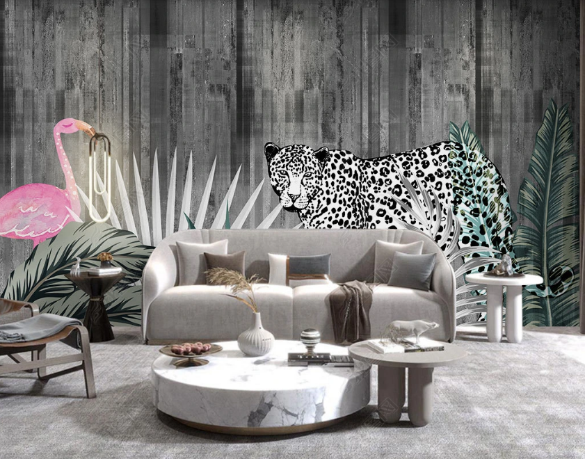 3D Flamingo Leopard Wooden Wall Mural Wallpaper Sww3469