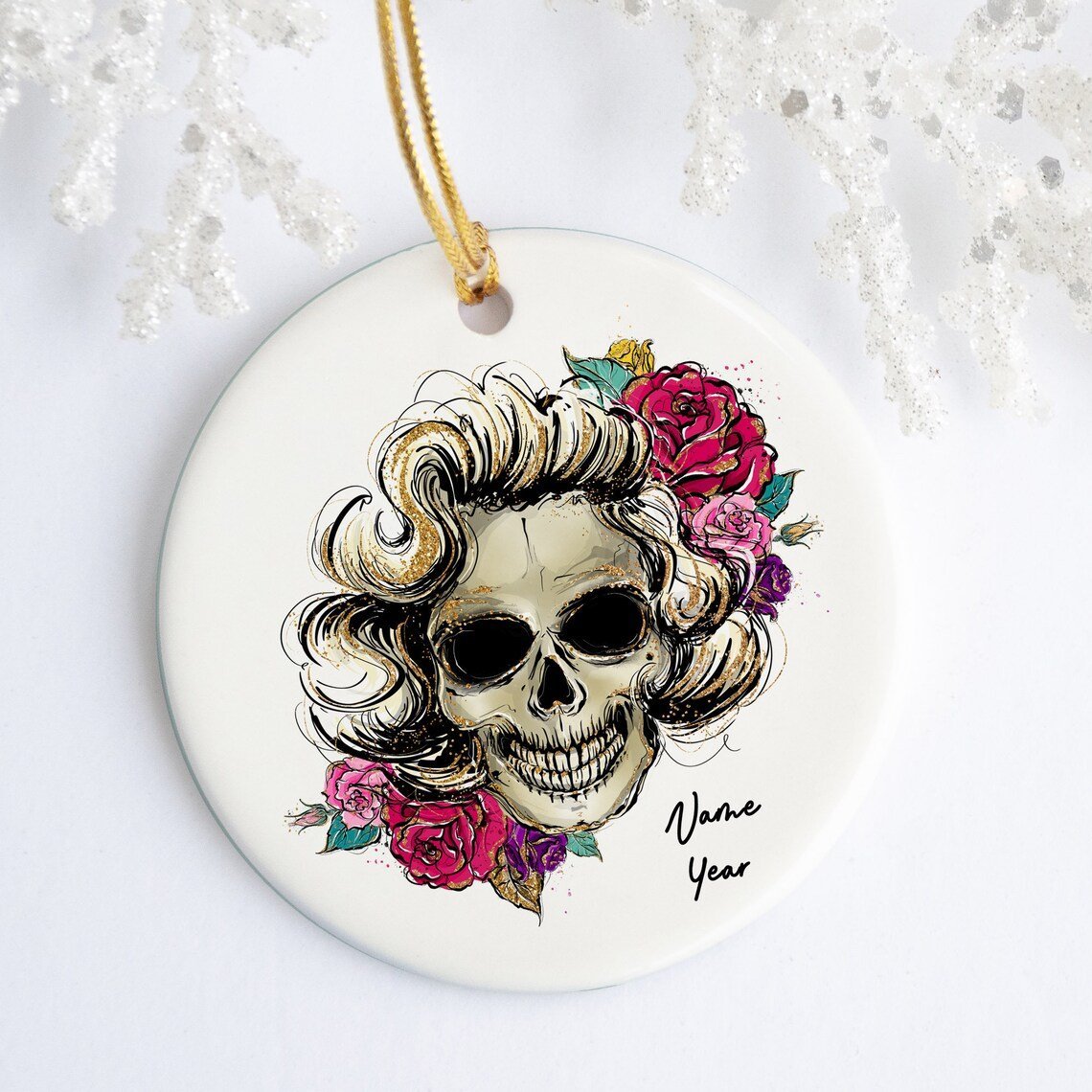 Personalized Roses & Skull Ornament Ceramic Porcelain Holiday Ornament Christmas Name Year Custom Ornament Monroe Glamour