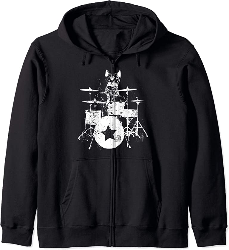 Punk Rockstar Kitten Kitty Cat Drummer Playing Drums Graphic Zip Hoodie